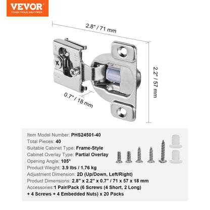 Cabinet Hinges, 40 Packs Partial Overlay Kitchen Cabinet Door Hinges, 105 Degree Opening Angel Soft Close Concealed Cupboard Hinges for Framed Cabinet Type, with Mounting Screws