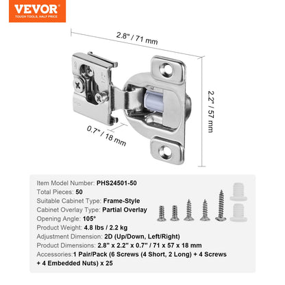 Cabinet Hinges, 50 Packs Partial Overlay Kitchen Cabinet Door Hinges, 105 Degree Opening Angel Soft Close Concealed Cupboard Hinges for Framed Cabinet Type, with Mounting Screws