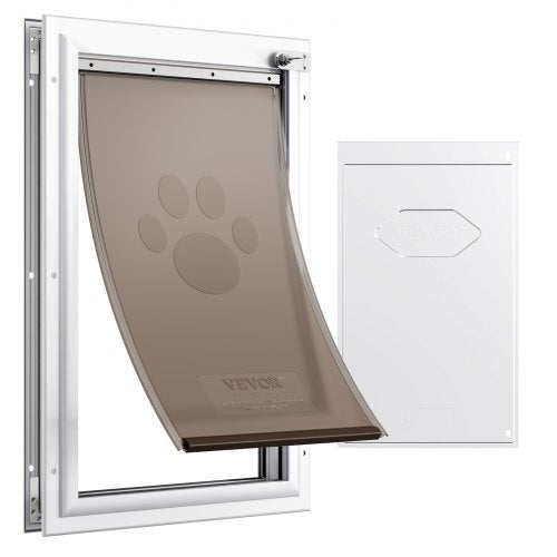 Husdjurslucka, 33,5 x 51,5 cm aluminiumram med lås- och klaffsystem, väderbeständig hundlucka, enkel att installera i inner- eller ytterdörrar, husdjurslucka lämplig för katt, hund och kattungar (vit-L)