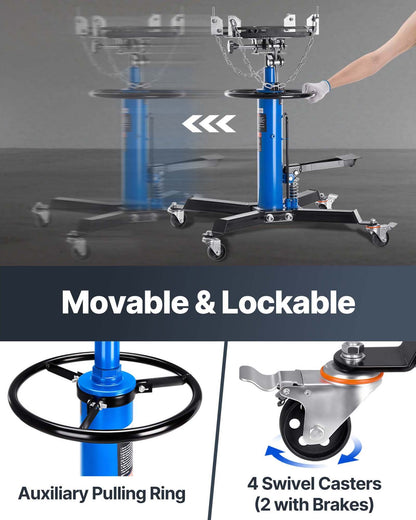 Transmission Jack,0.5 Ton/1100 lbs Capacity Hydraulic Telescopic Transmission Jack, 2-Stage Floor Jack Stand with Foot Pedal, 360° Swivel Wheel, Garage/ Shop Lift Hoist, Blue