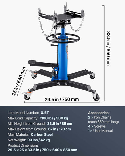 Transmission Jack,0.5 Ton/1100 lbs Capacity Hydraulic Telescopic Transmission Jack, 2-Stage Floor Jack Stand with Foot Pedal, 360° Swivel Wheel, Garage/ Shop Lift Hoist, Blue
