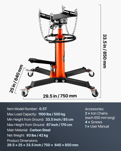 Domkraft 1100 lbs 2-stegs hydraulisk höglyft vertikal teleskopisk