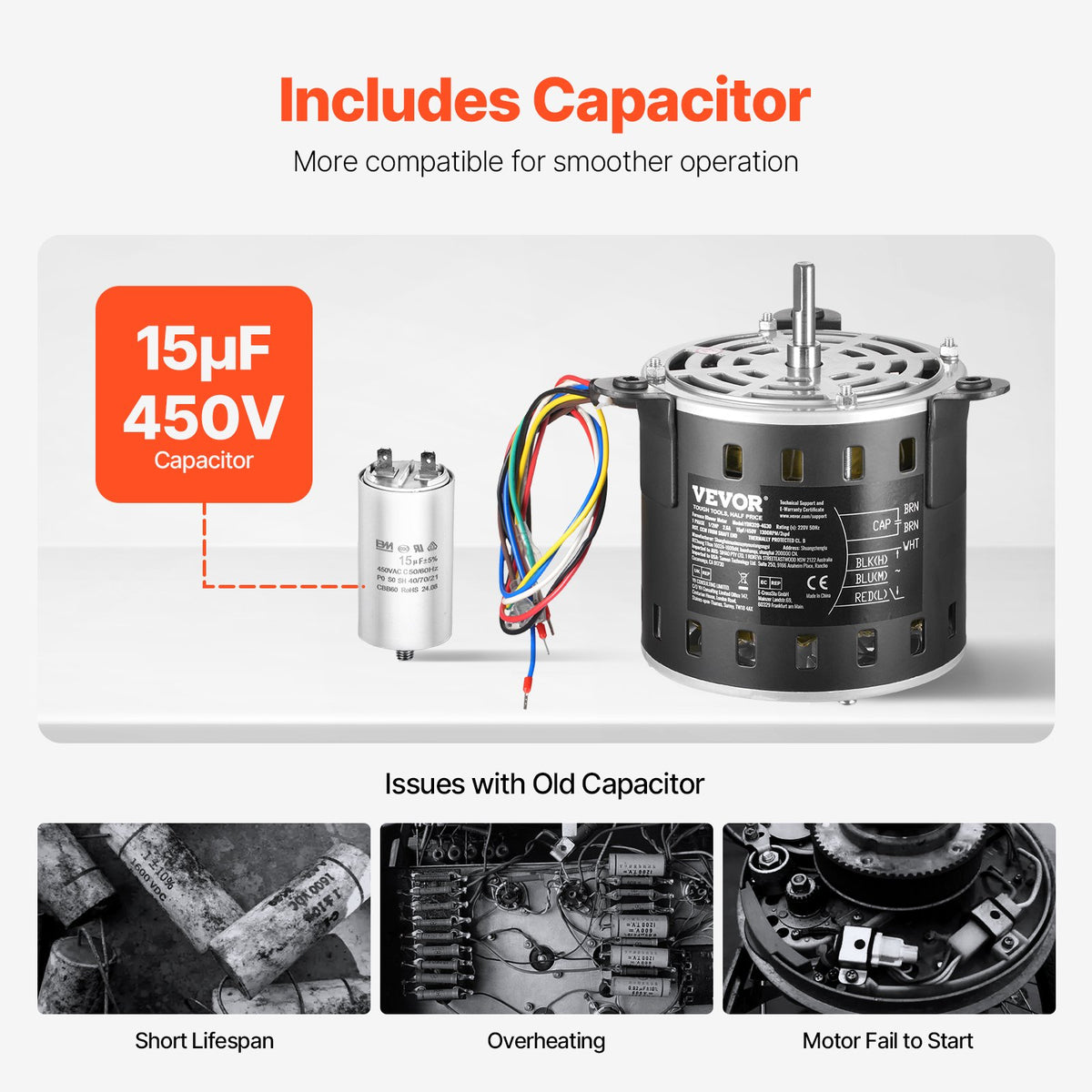 1/2 hk fläktmotor för ugn, 220 V 2,6 A, 1300 rpm 3-växlad, 10 mm axeldiameter, 20 mm axellängd, roterar moturs från axeländen, inkluderar CBB60 15 μF/450 V kondensator