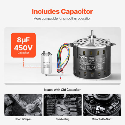 1/5 hk ugnsfläktmotor, 220 V 1,45 ampere, 1100 varv/min 3-växlad, 10 mm axeldiameter, 20 mm axellängd, roterar moturs från axeländen, inkluderar CBB60 8 μF/450 V kondensator