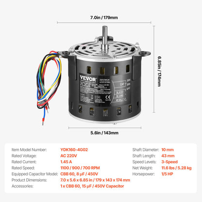 1/5 hk ugnsfläktmotor, 220 V 1,45 ampere, 1100 varv/min 3-växlad, 10 mm axeldiameter, 20 mm axellängd, roterar moturs från axeländen, inkluderar CBB60 8 μF/450 V kondensator