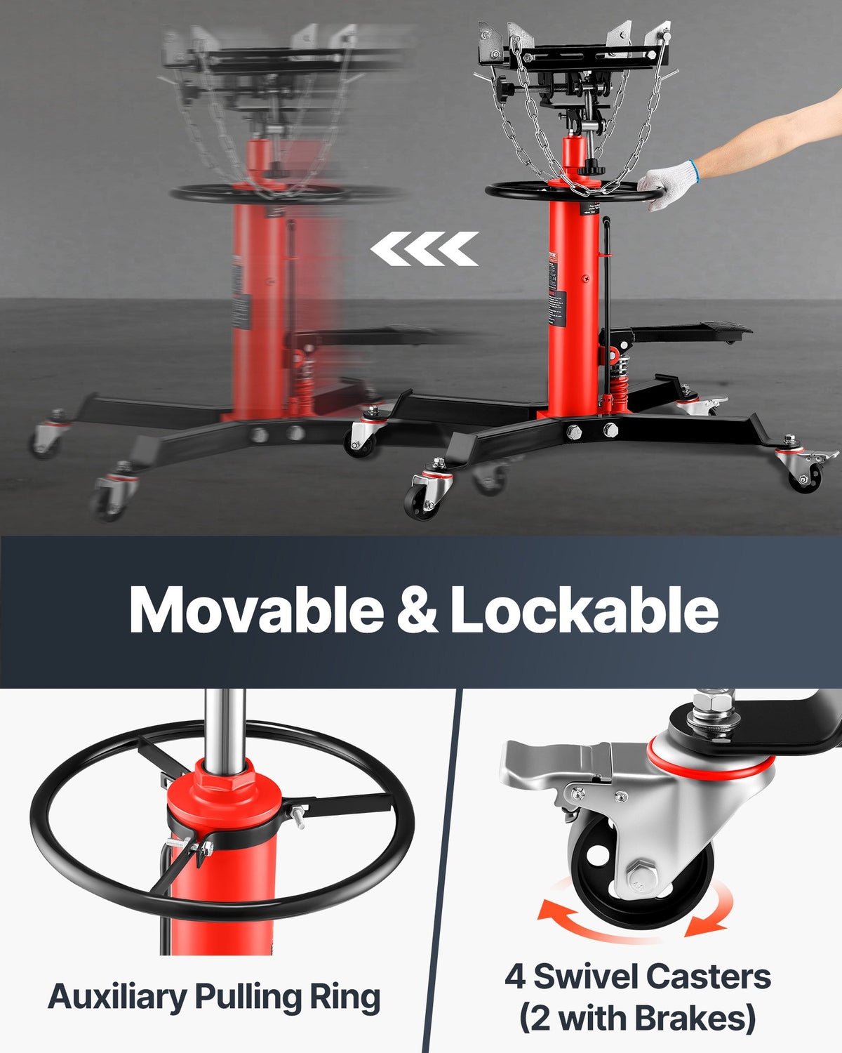 Transmission Jack,0.75 Ton/1660 lbs Capacity Hydraulic Telescopic Transmission Jack, 2-Stage Floor Jack Stand with Foot Pedal, 360° Swivel Wheel, Garage/ Shop Lift Hoist, Red