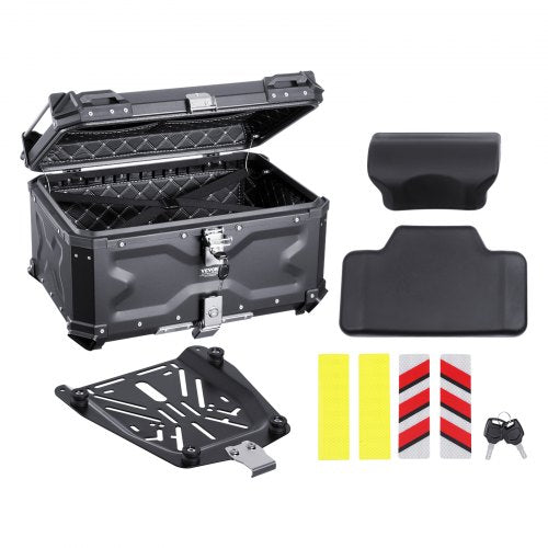 Motorcykeltoppbox, universal bakbox i aluminiumlegering med läderfoder, 65L vattentät avtagbar toppbox med lås och ryggstöd, passar 99% av motorcykelramar