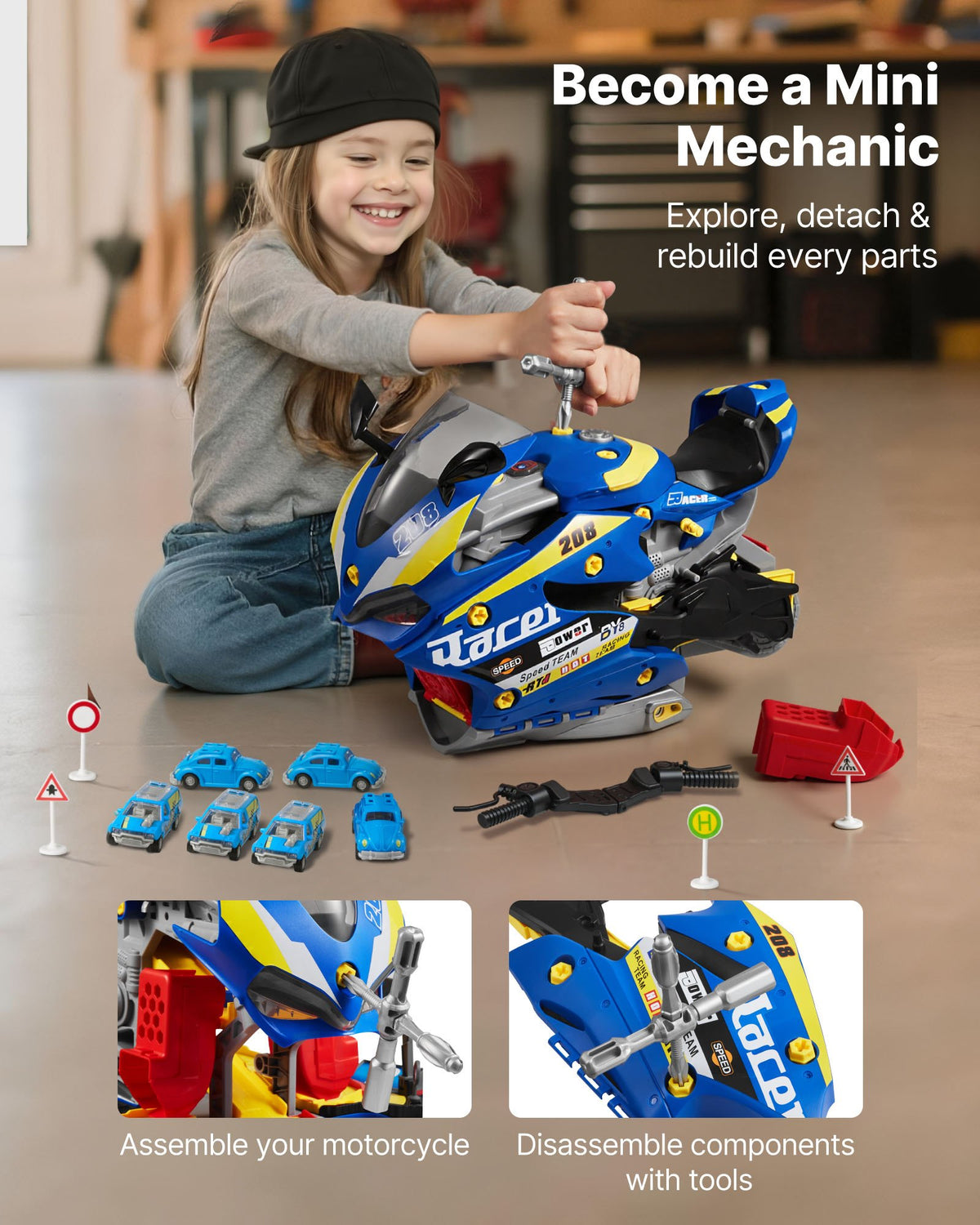 Motorcykelmotorleksak, 25 delar, motorcykelmekanikerleksak med avtagbara delar, ljus och ljud, simulerad körning och banracing, barnmekanikerverkstadsset för småbarn 3 år och uppåt, blå