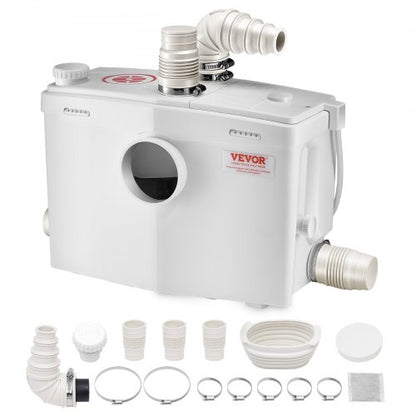Maceratorpump, 1200 W, 180 l/min (48 gpm) flöde, 10 m tryck, macerator avloppstoalettpump med 4 vatteninlopp, uppspolningsmaskin för avloppsvattenhantering, toalett, källare, dusch, handfat, tvättstuga, badkar
