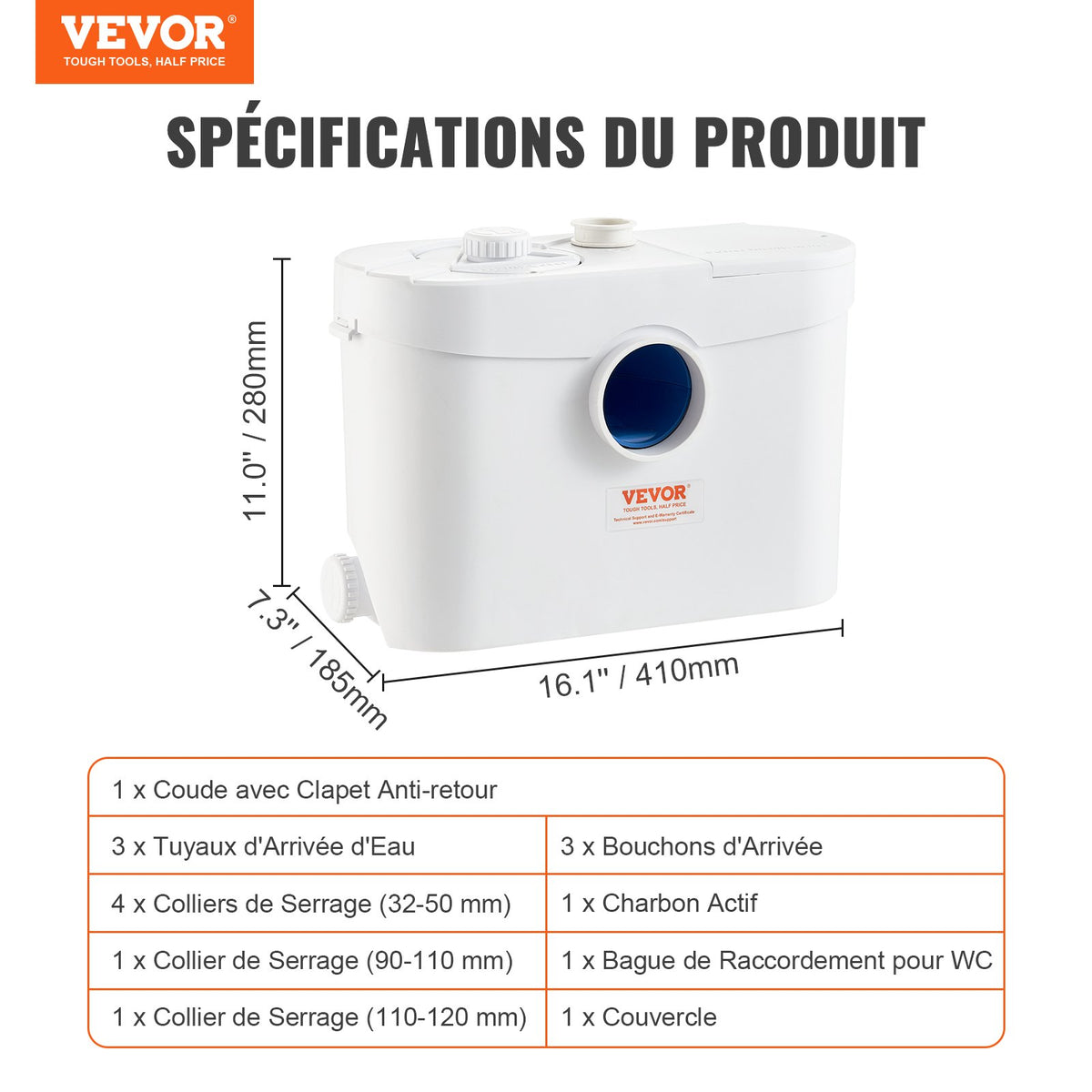 Maceratorpump, 700 W, 9600 l/h flöde, 10 m tryckhöjd, macerator avloppspump med 3 vatteninlopp för toalett, källare, kök, handfat, dusch, badkar, avloppsvattenavfallshantering, uppspolningsmaskin
