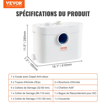 Maceratorpump, 700 W, 9600 l/h flöde, 10 m tryckhöjd, macerator avloppspump med 3 vatteninlopp för toalett, källare, kök, handfat, dusch, badkar, avloppsvattenavfallshantering, uppspolningsmaskin