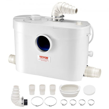 Maceratorpump, 900 W, 180 l/min (48 gpm) flöde, 40 fot/12 m tryckhöjd, macerator avloppstoalettpump med 4 vatteninlopp, avloppsvattenavfallsmaskin för toalett, källare, dusch, handfat, tvättstuga, badkar