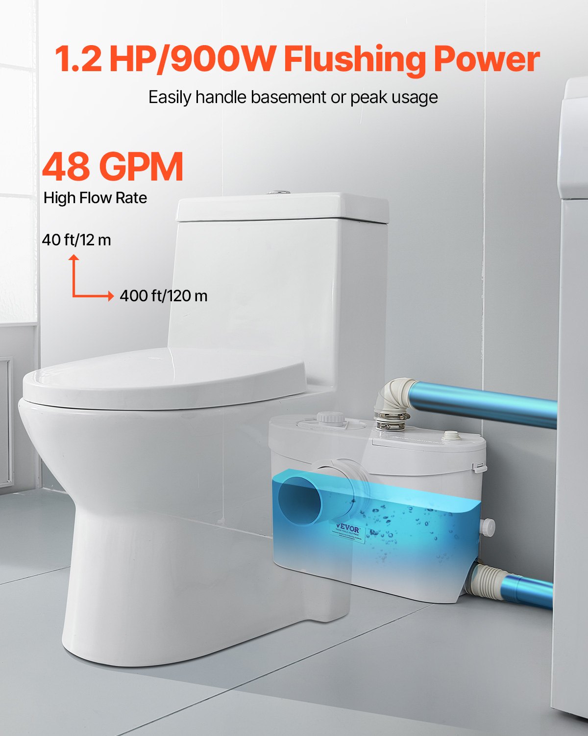 Maceratorpump, 900 W, 180 l/min (48 gpm) flöde, 40 fot/12 m tryckhöjd, macerator avloppstoalettpump med 4 vatteninlopp, avloppsvattenavfallsmaskin för toalett, källare, dusch, handfat, tvättstuga, badkar