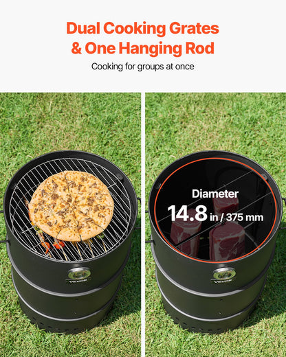 Charcoal Smoker Grill, 470mm Barrel Charcoal BBQ Smoker, Coated Steel Outdoor Barbecue Grill with 2 Grilling Grates, 1 Hanging Rod, 6 Hooks & Thermometer, Ideal for Party Backyard Patio Cooking