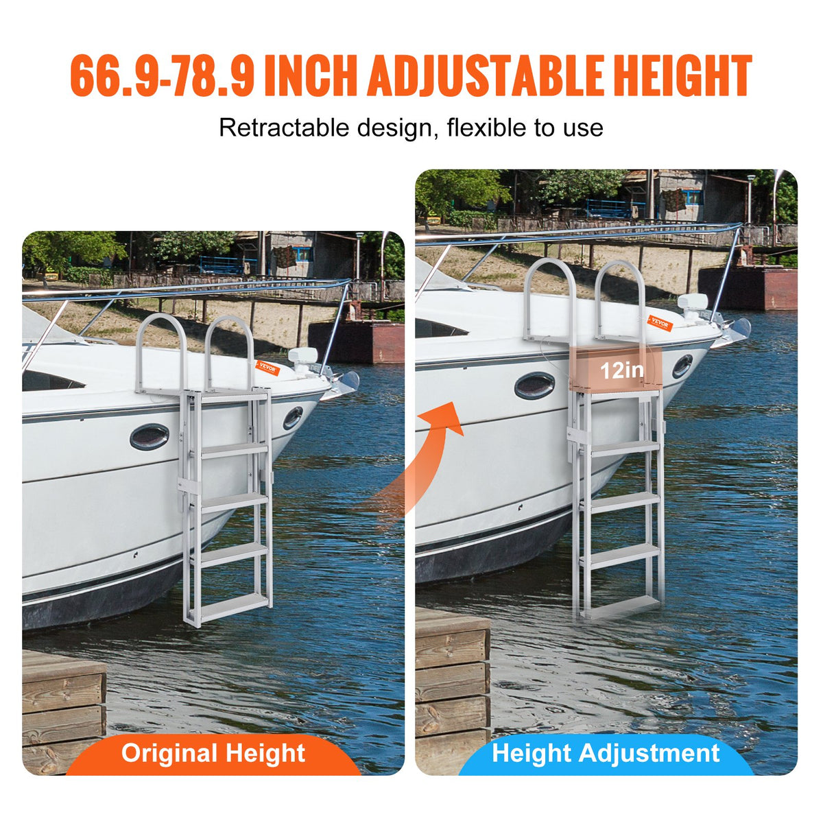 Bryggstege, utdragbar med 5 steg, lastkapacitet 147 kg, pontonbåtstege i aluminiumlegering med justerbar höjd från 170 cm till 200 cm, 10 cm brett steg och halkfri pedal, för ombordstigning på fartyg/sjö/pool/marinbåtar
