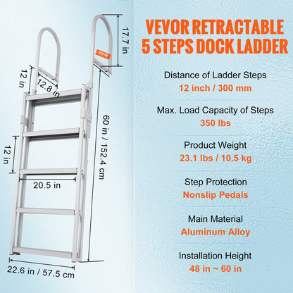 Bryggstege, utdragbar med 5 steg, lastkapacitet 147 kg, pontonbåtstege i aluminiumlegering med justerbar höjd från 170 cm till 200 cm, 10 cm brett steg och halkfri pedal, för ombordstigning på fartyg/sjö/pool/marinbåtar