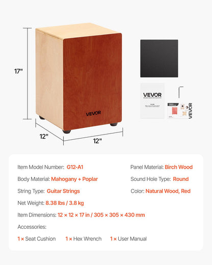 Cajon Box Drum, with Internal Guitar Strings, Lightweight Wooden Percussion Box, Portable Birch Wood Drum Musical Instrument with Silicone Feet, for Beginner & Professional, 305 x 305 x 430 mm