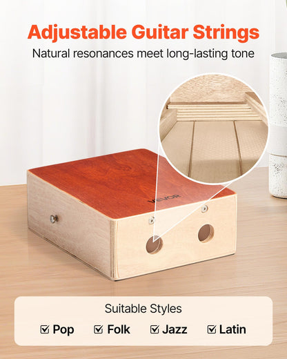 Cajon Box Drum, with Internal Guitar Strings, Lightweight Wooden Percussion Box, Portable Birch Wood Drum with Travel Bag, Adjustable Strap, for Beginners and Professionals, 230 x 100 x 280 mm