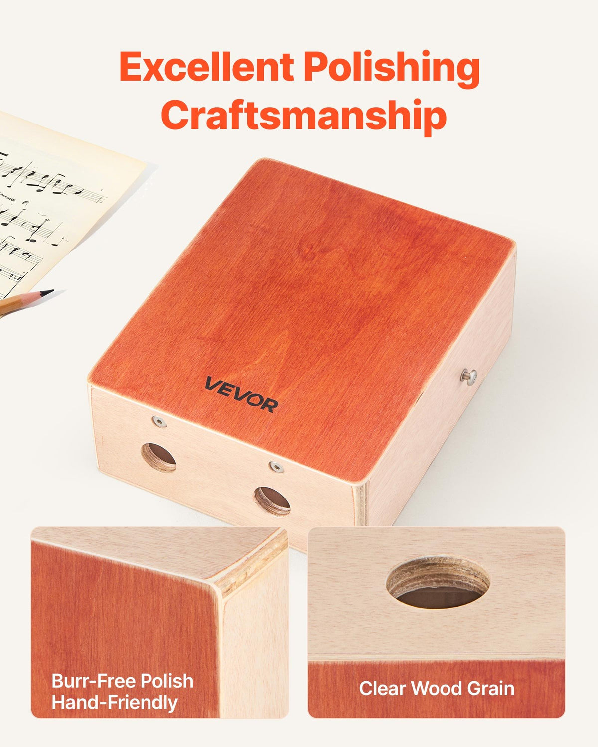 Cajon Box Drum, with Internal Guitar Strings, Lightweight Wooden Percussion Box, Portable Birch Wood Drum with Travel Bag, Adjustable Strap, for Beginners and Professionals, 230 x 100 x 280 mm