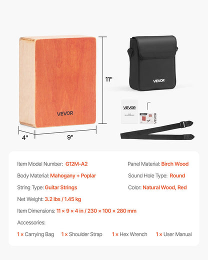 Cajon Box Drum, with Internal Guitar Strings, Lightweight Wooden Percussion Box, Portable Birch Wood Drum with Travel Bag, Adjustable Strap, for Beginners and Professionals, 230 x 100 x 280 mm