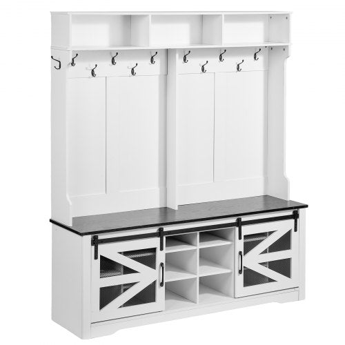 Hall Tree, Wooden Hall Tree with Bench and Shoe Storage, White Hall Tree with Coat Rack, Adjustable Shelves and 12 Hanging Hooks, Mudroom Furniture with USB Light Strip, for Entryway & Hallway