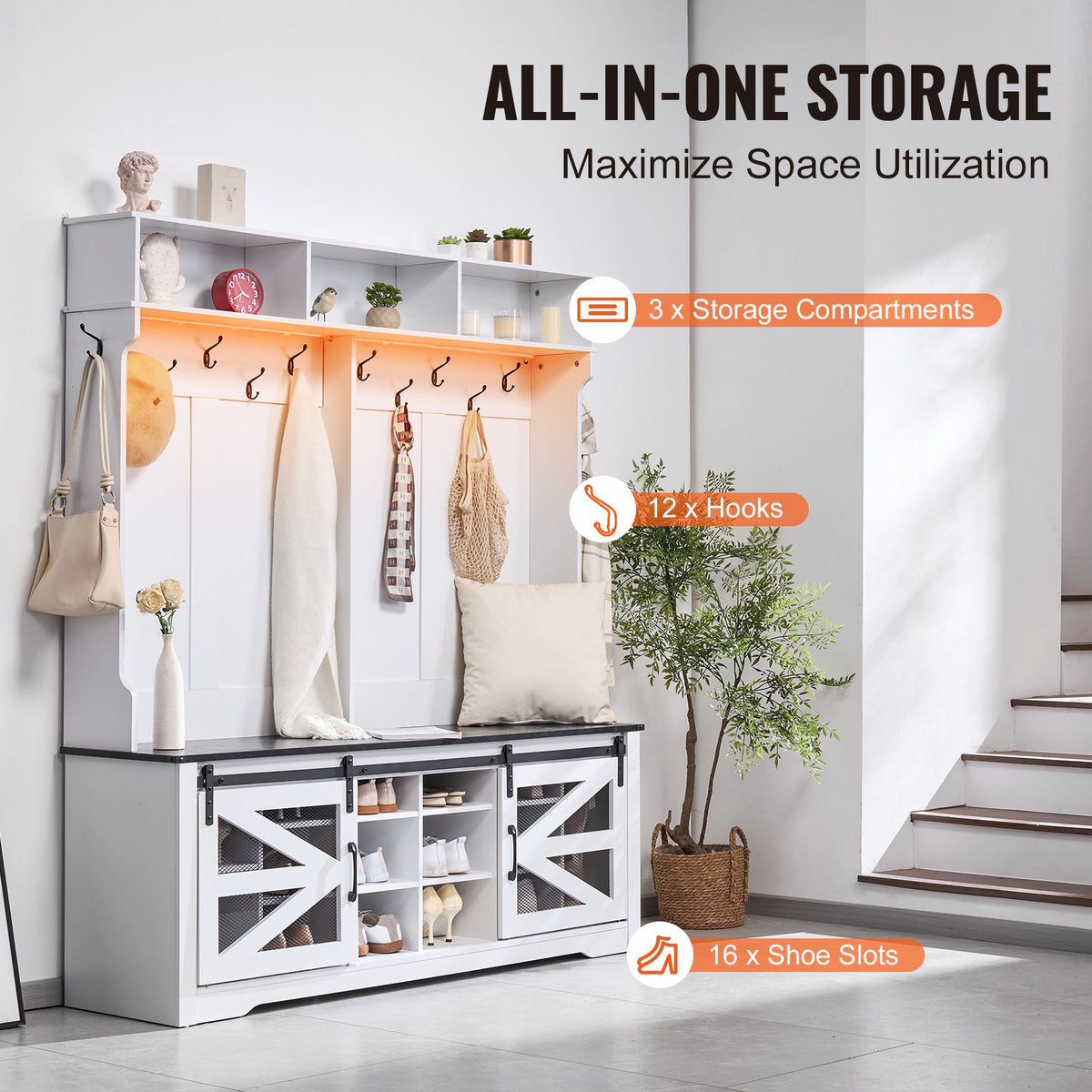 Hall Tree, Wooden Hall Tree with Bench and Shoe Storage, White Hall Tree with Coat Rack, Adjustable Shelves and 12 Hanging Hooks, Mudroom Furniture with USB Light Strip, for Entryway & Hallway