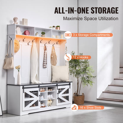 Hall Tree, Wooden Hall Tree with Bench and Shoe Storage, White Hall Tree with Coat Rack, Adjustable Shelves and 12 Hanging Hooks, Mudroom Furniture with USB Light Strip, for Entryway & Hallway