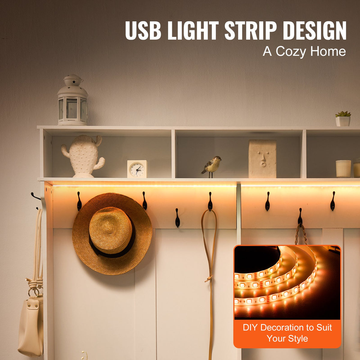 Hall Tree, Wooden Hall Tree with Bench and Shoe Storage, White Hall Tree with Coat Rack, Adjustable Shelves and 12 Hanging Hooks, Mudroom Furniture with USB Light Strip, for Entryway & Hallway