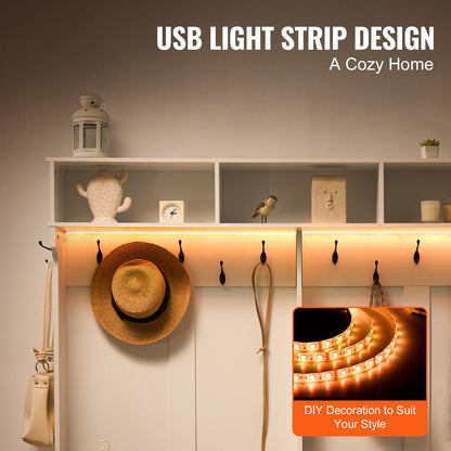 Hall Tree, Wooden Hall Tree with Bench and Shoe Storage, White Hall Tree with Coat Rack, Adjustable Shelves and 12 Hanging Hooks, Mudroom Furniture with USB Light Strip, for Entryway & Hallway