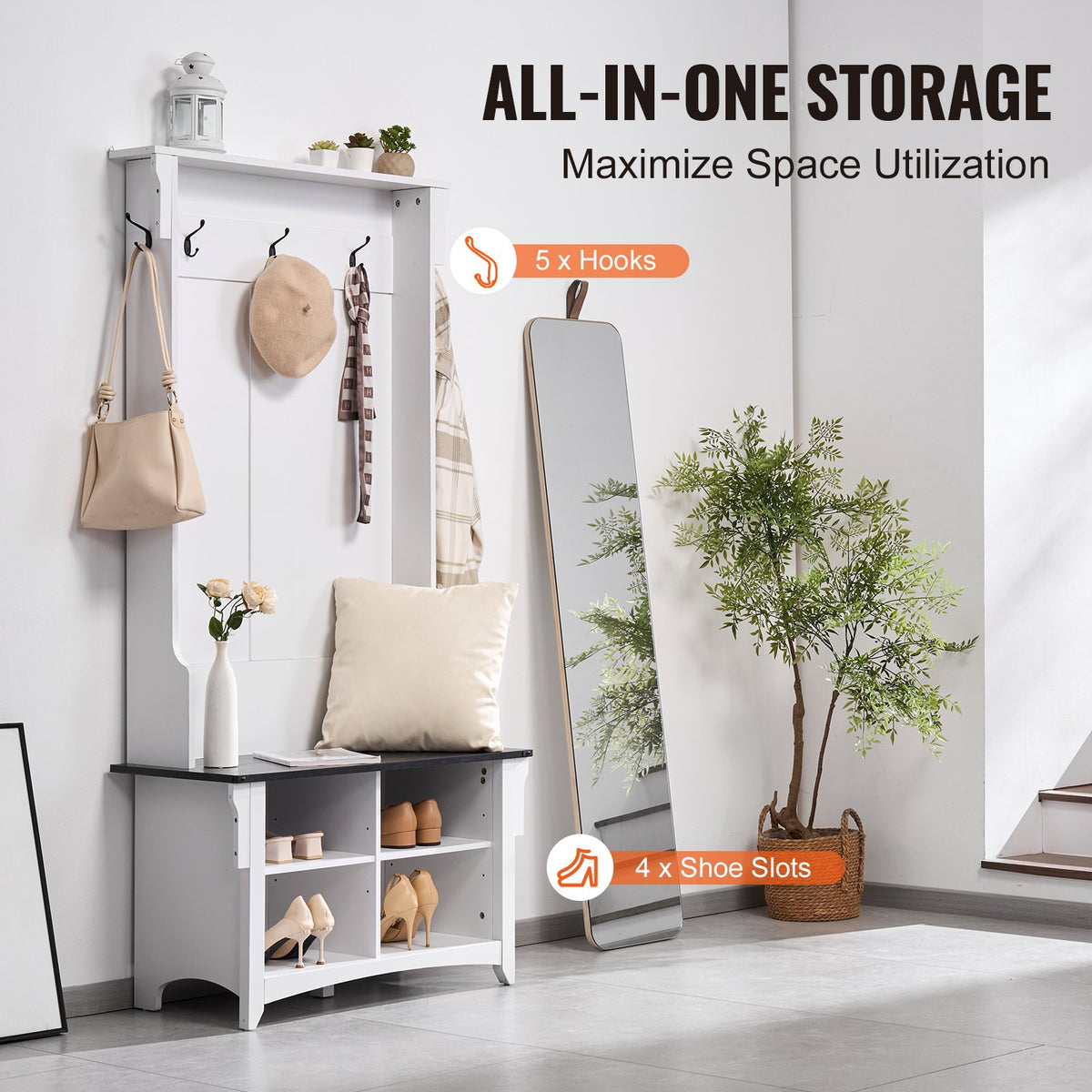Hall Tree, Wooden Hall Tree with Bench and Shoe Storage, White Hall Tree with Coat Rack, Adjustable Shelves and 5 Hanging Hooks, Mudroom Furniture with 4 Storage Drawers, for Entryway & Hallway