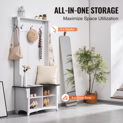 Hall Tree, Wooden Hall Tree with Bench and Shoe Storage, White Hall Tree with Coat Rack, Adjustable Shelves and 5 Hanging Hooks, Mudroom Furniture with 4 Storage Drawers, for Entryway & Hallway