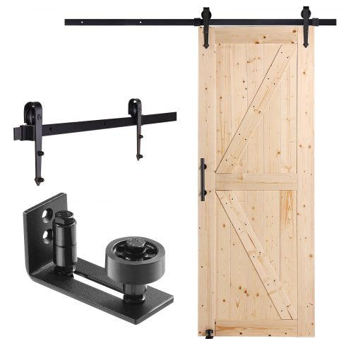 Ladugårdsdörr och beslagsats, skjutdörr i trä (86 x 213 cm), smidig och tystgående, ladgårdsdörrsats med 8-i-1 golvstyrning och dörrhandtag, skiva med granpanel, enkel att installera