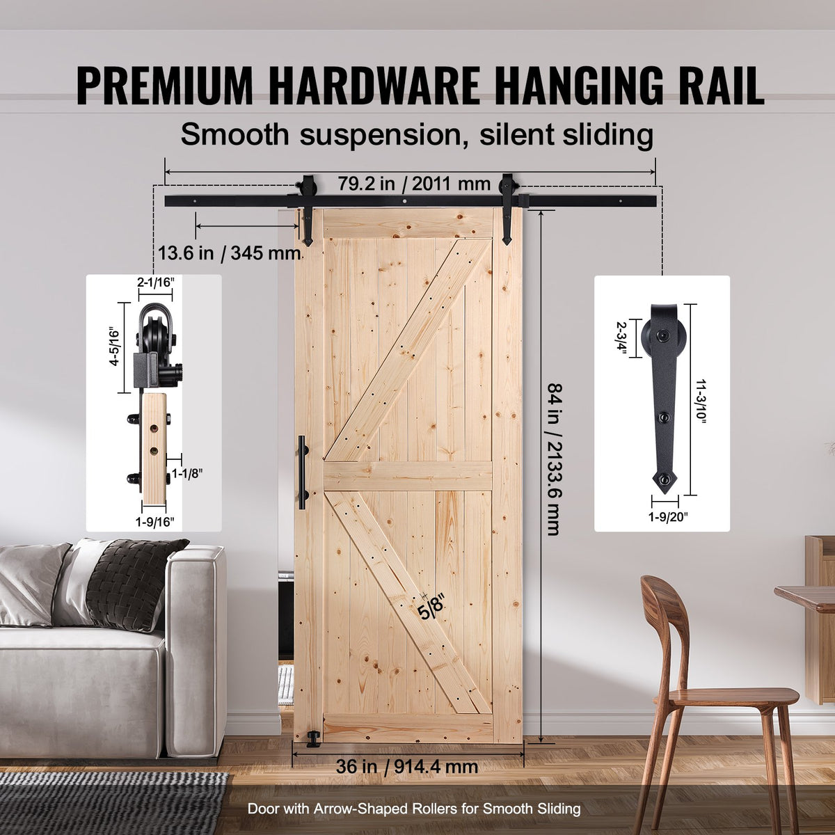 Barn Door and Hardware Kit, 36" x 84" Wood Sliding Barn Door, Smoothly and Quietly, Barn Door Kit with 8-in-1 Floor Guide and Door Handle, Spruce Wood Panelled Slab, Easy to Install