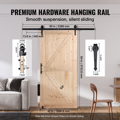 Ladugårdsdörr och beslagsats, 102 cm x 213 cm skjutdörr i trä, smidig och tyst, Ladugårdsdörrsats med 8-i-1 golvstyrning och dörrhandtag, skiva med granpanel, enkel att installera