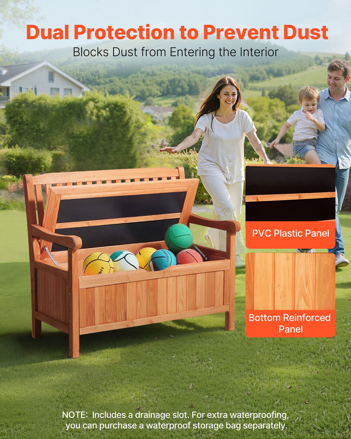 Outdoor Storage Bench, 2-Person Wooden Storage Bench, 125L Deck Box with Side Handle, Supports up to 320 kg, Weatherproof Outdoor Seating & Porch Decor, for Patio Garden Balcony Yard