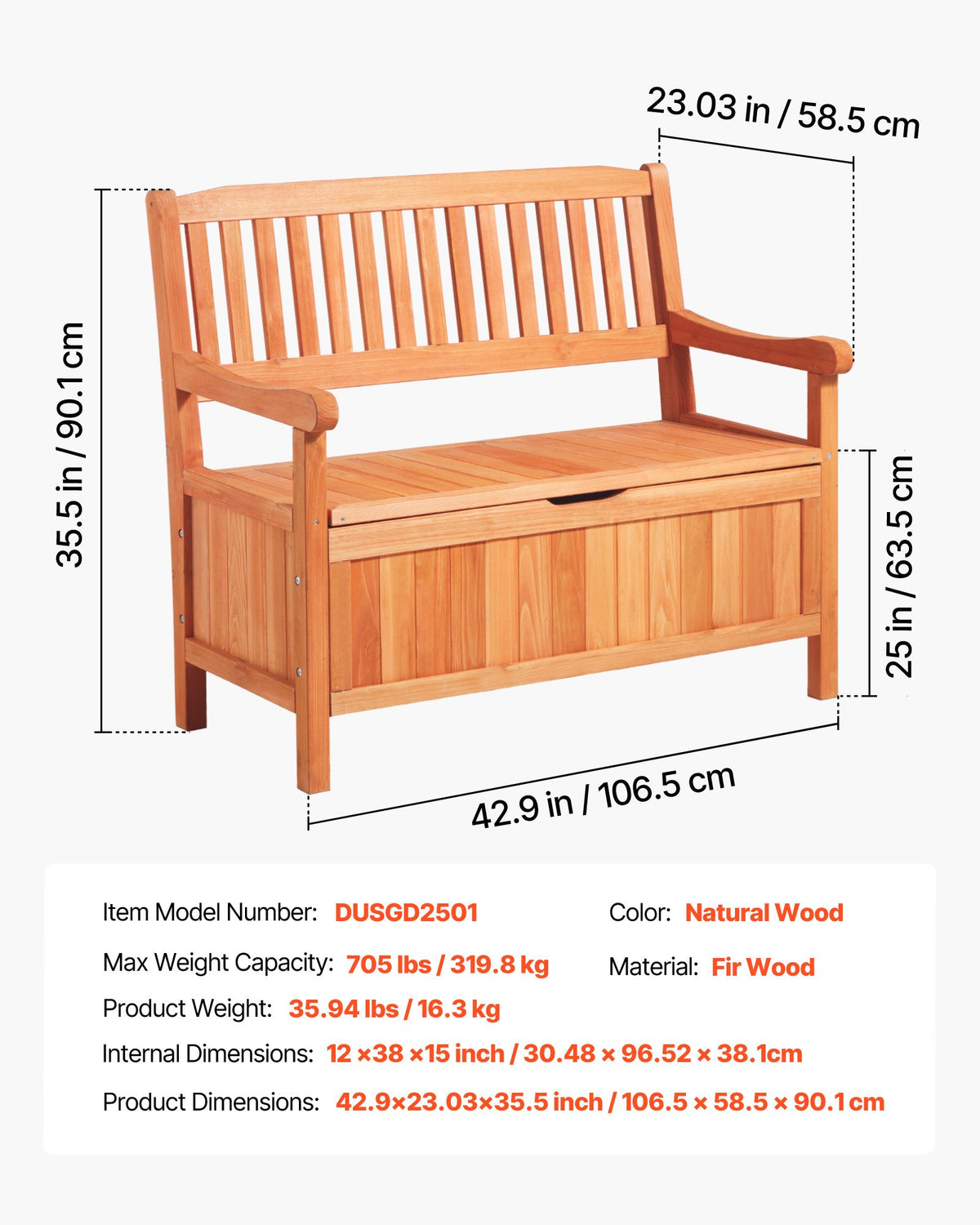 Outdoor Storage Bench, 2-Person Wooden Storage Bench, 125L Deck Box with Side Handle, Supports up to 320 kg, Weatherproof Outdoor Seating & Porch Decor, for Patio Garden Balcony Yard