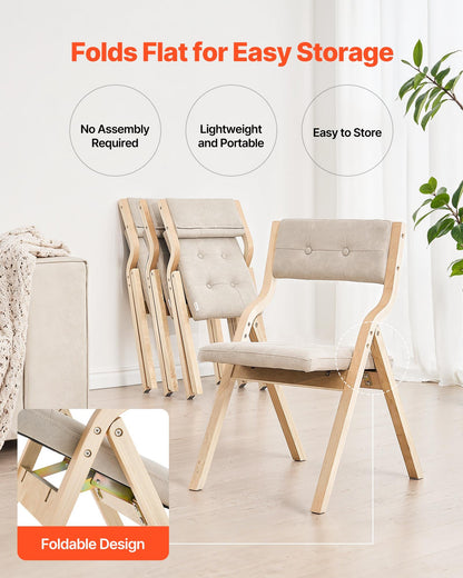 Hopfällbara trästolar med dyna, set om 2, bärbar hopfällbar dyna med träram, modern stoppad matstol för kök, kontor, bröllop, fest, matsal, enkel montering, beige