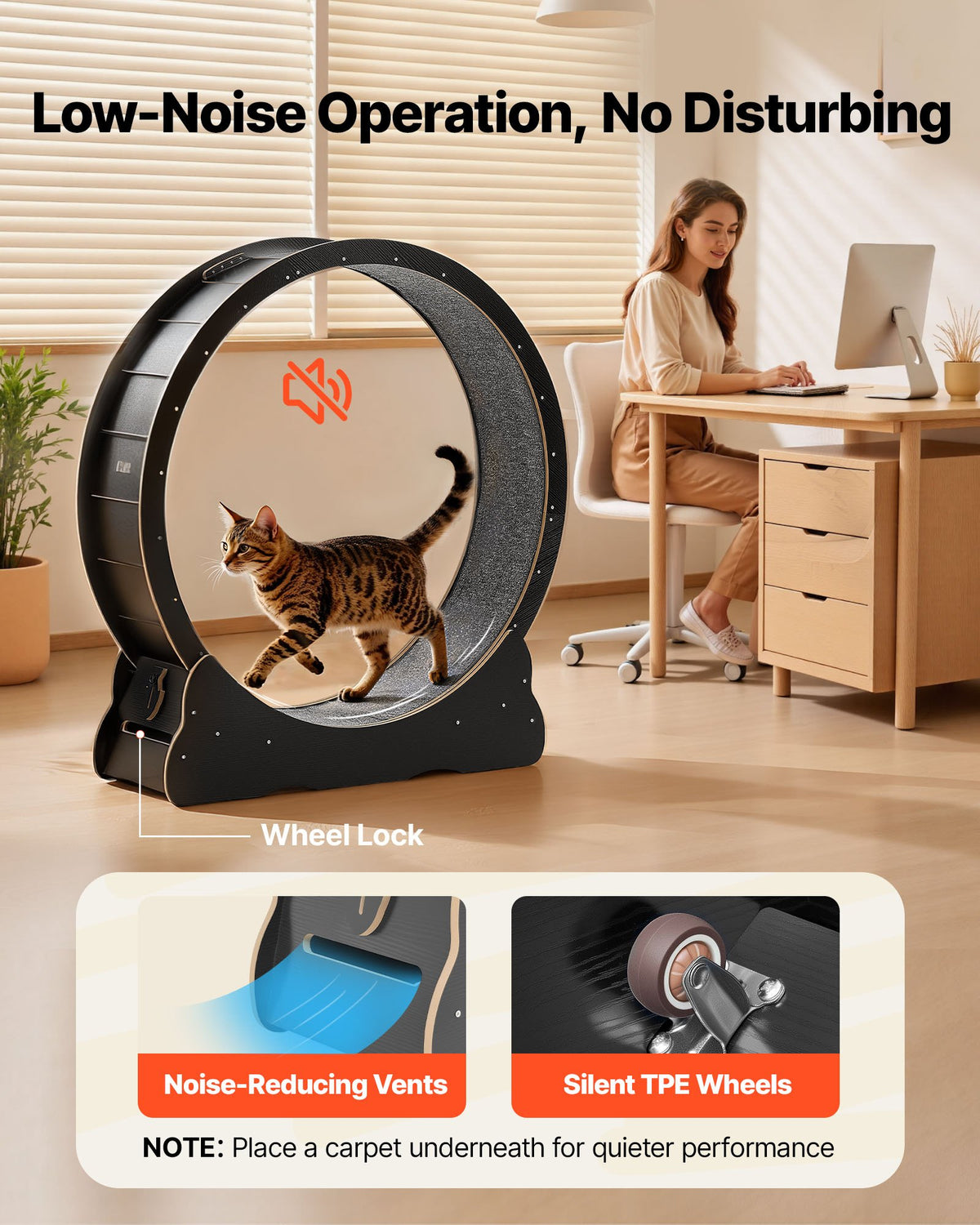 Cat Exercise Wheel, 120 cm Wooden Cat Running Wheel for Indoor Cats up to 12.7 kg, Cats Treadmill with Carpeted Runway & Locking Mechanism, Quiet Kitten Sport Toys for Pets Fitness, Black