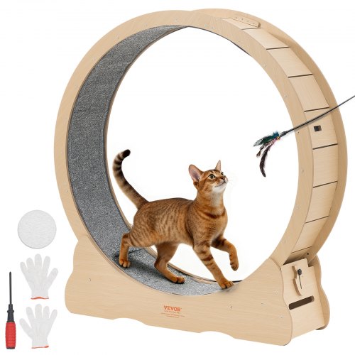 Cat Exercise Wheel, 120cm Wooden Cat Running Wheel for Indoor Cats up to 12.7kg Cats Treadmill with Carpeted Runway & Locking Mechanism, Quiet Roller Kitten Sport Toys for Pets Fitness & Health