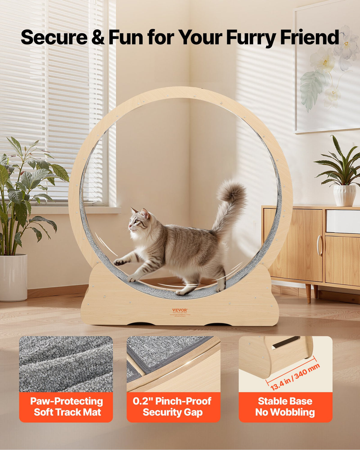 Cat Exercise Wheel, 120cm Wooden Cat Running Wheel for Indoor Cats up to 12.7kg Cats Treadmill with Carpeted Runway & Locking Mechanism, Quiet Roller Kitten Sport Toys for Pets Fitness & Health