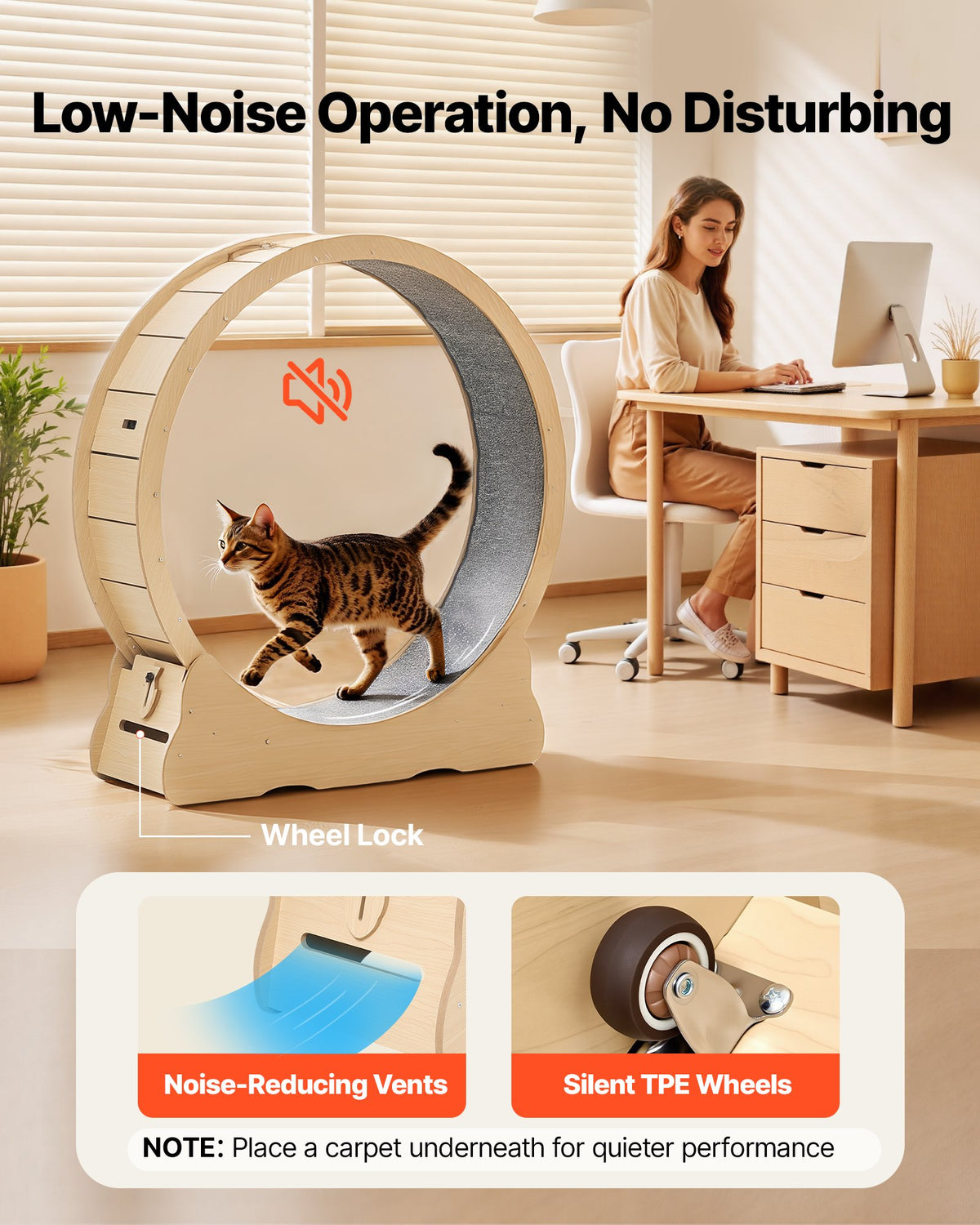 Cat Exercise Wheel, 120cm Wooden Cat Running Wheel for Indoor Cats up to 12.7kg Cats Treadmill with Carpeted Runway & Locking Mechanism, Quiet Roller Kitten Sport Toys for Pets Fitness & Health