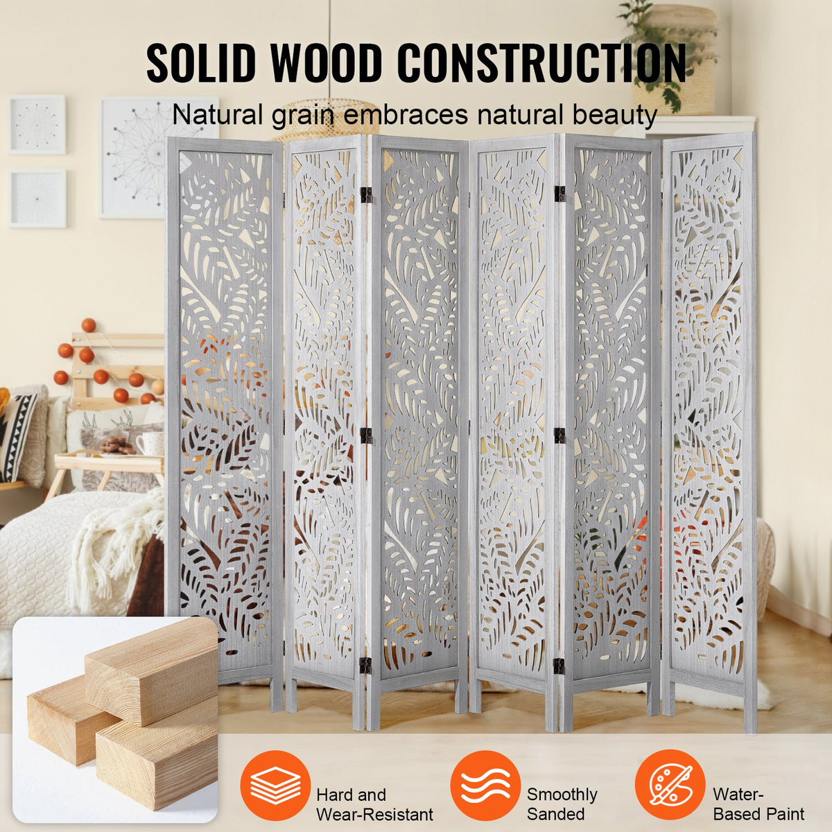 Rumsavdelare i trä, hopfällbar skärm i trä med 6 paneler, 66,9 tum hög snidad rumsavdelare inomhus, bärbar dekorationsskärm, för rumsavskiljning, hem, kontor, restaurang och sovrum