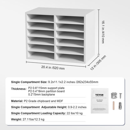 Literature Organizers, 12 Compartments Office Mailbox with Adjustable Shelves, Wood Literature Sorter 51.8 x 30.5 x 40.9 cm for Office, Home, Classroom, Mailrooms Organization, EPA Certified White