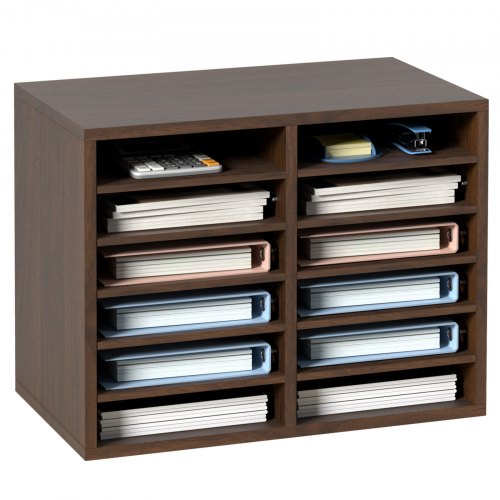 Literature Organizers, 12 Compartments Office Mailbox with Adjustable Shelves, Wood Literature Sorter 20.4x12x16.1 inches for Office, Home, Classroom, Mailrooms Organization, EPA Certified Brown