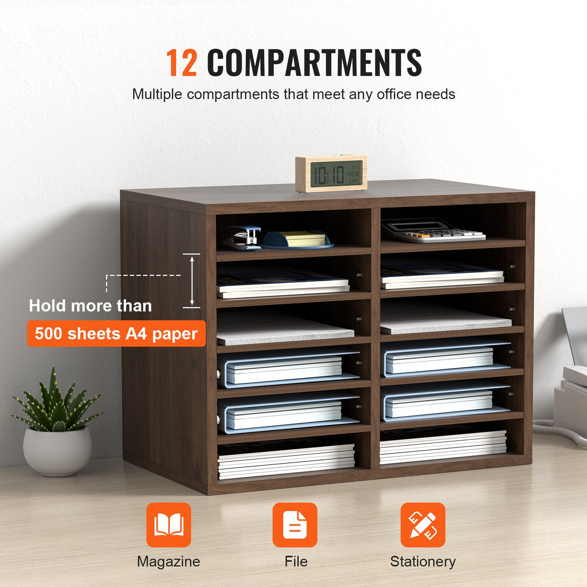 Literature Organizers, 12 Compartments Office Mailbox with Adjustable Shelves, Wood Literature Sorter 20.4x12x16.1 inches for Office, Home, Classroom, Mailrooms Organization, EPA Certified Brown