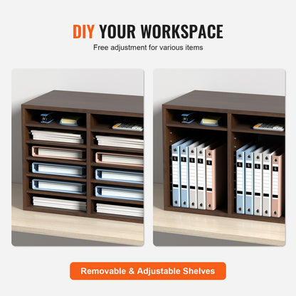 Literature Organizers, 12 Compartments Office Mailbox with Adjustable Shelves, Wood Literature Sorter 20.4x12x16.1 inches for Office, Home, Classroom, Mailrooms Organization, EPA Certified Brown