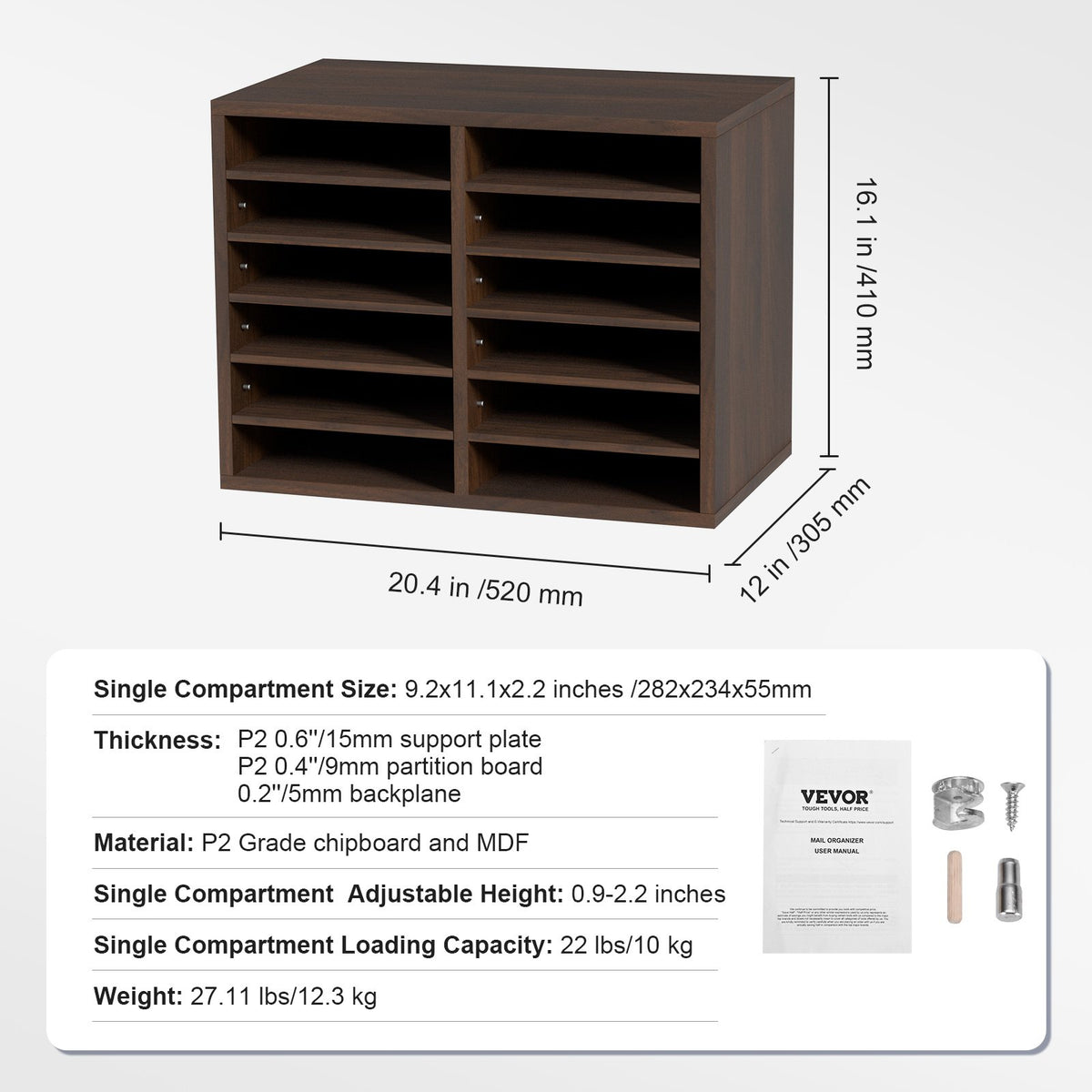 Literature Organizers, 12 Compartments Office Mailbox with Adjustable Shelves, Wood Literature Sorter 20.4x12x16.1 inches for Office, Home, Classroom, Mailrooms Organization, EPA Certified Brown