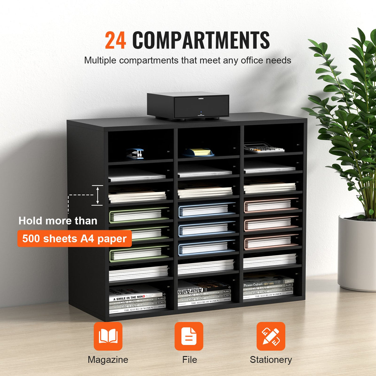 Wood Literature Organizer, 24 Compartments, File Sorter with Removable Shelves, Mailboxes Slot for Office Home Classroom Mailrooms Organization, EPA Certified, Black
