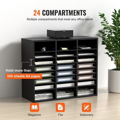 Wood Literature Organizer, 24 Compartments, File Sorter with Removable Shelves, Mailboxes Slot for Office Home Classroom Mailrooms Organization, EPA Certified, Black