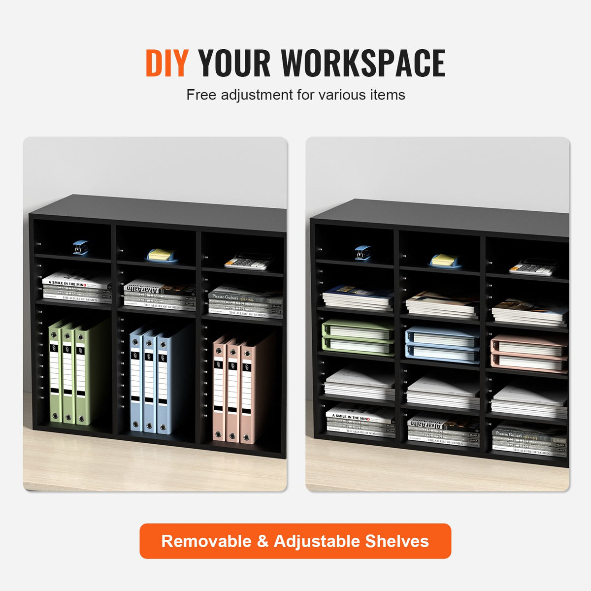 Wood Literature Organizer, 24 Compartments, File Sorter with Removable Shelves, Mailboxes Slot for Office Home Classroom Mailrooms Organization, EPA Certified, Black